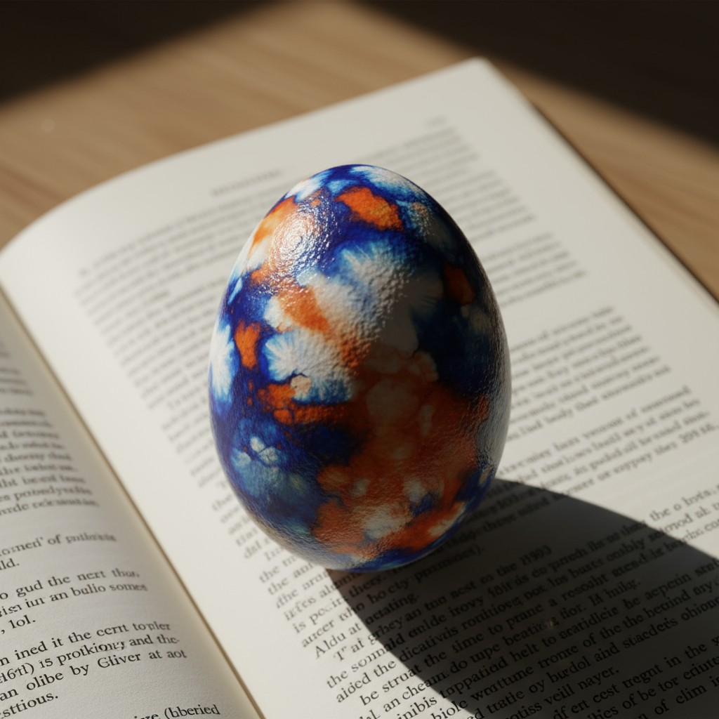 Decorated egg resting on an open book.