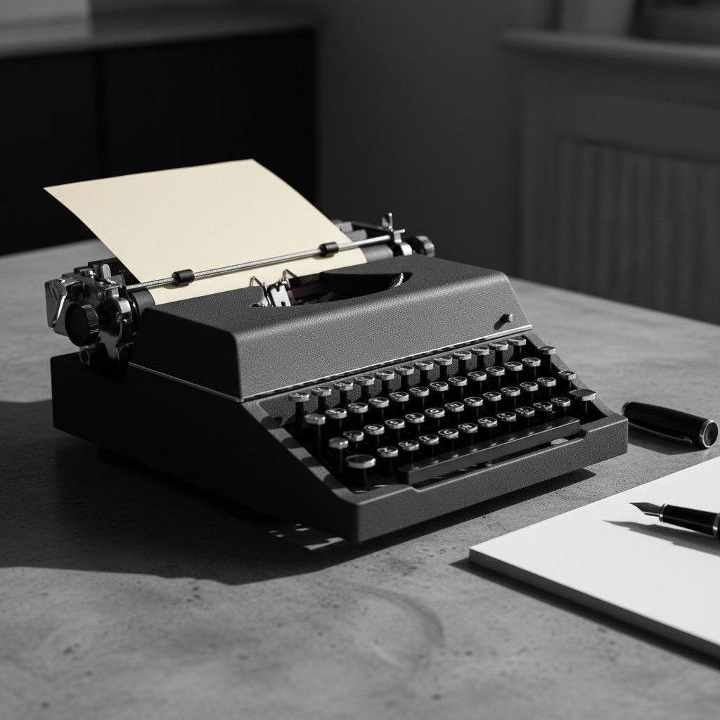 A picture of an old-fashioned typewriter with paper on its carriage return, accompanied by a pen, on a gray table in a dar...