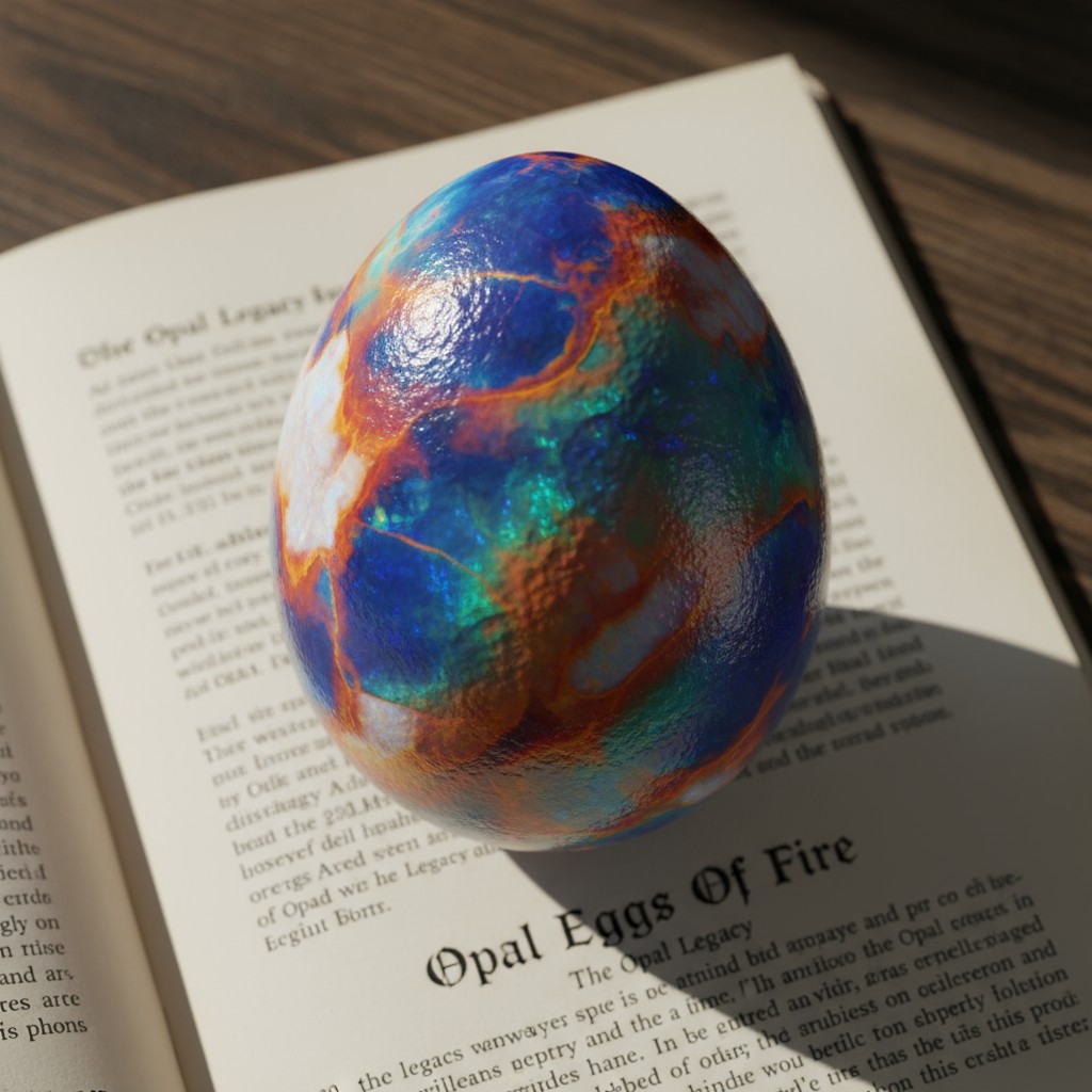 A decorative blue, orange, and green marbled Easter egg pictured resting atop a book on a wooden table.