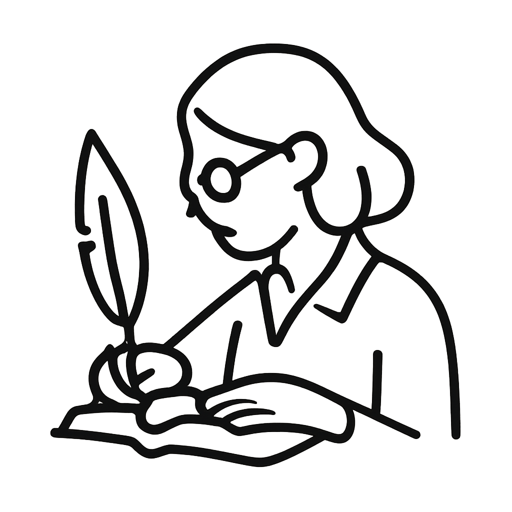 A line drawing of a girl writing with a quill pen.